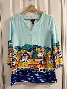 Jones New York Signature Top Coastal Village Print Cinque Terre Italy - Medium
